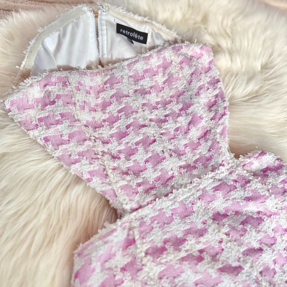 Retrofete Betheny Strapless Cutout Houndstooth Boucle-Tweed Pink Mini Dress
